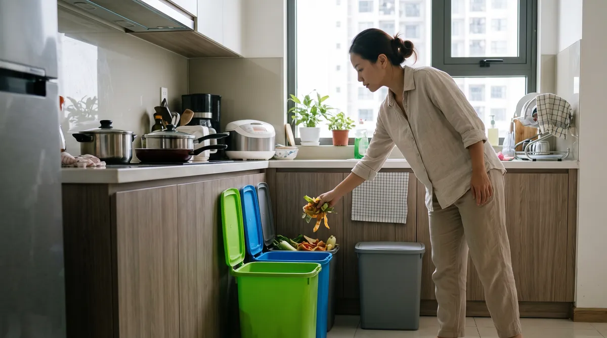 Ảnh minh họa phân loại rác chung cư Sun Trường Vinh trong bếp căn hộ