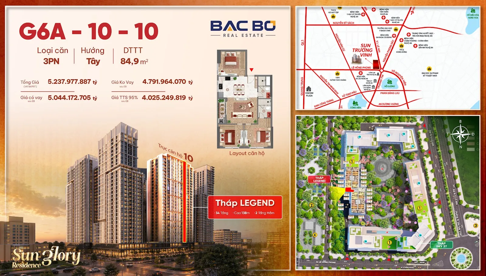Phiếu căn 3PN G6A-1010 chung cư Sun Trường Vinh tầng 10 tòa Legend