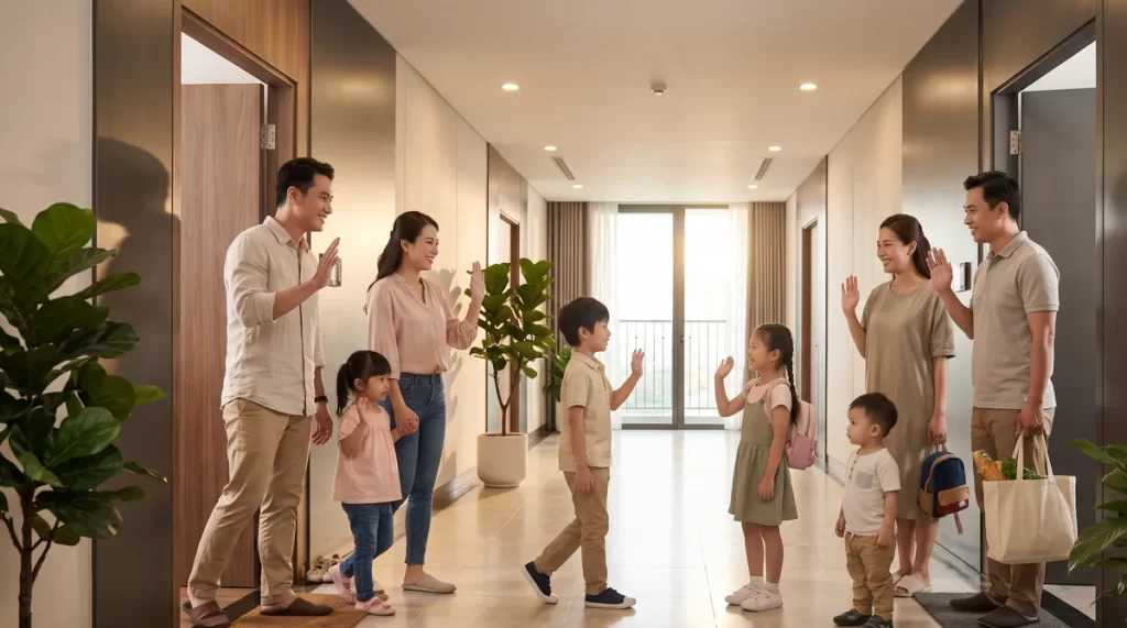 Ảnh minh họa sống chung cư Sun Trường Vinh, hai gia đình hàng xóm chào nhau ở hành lang