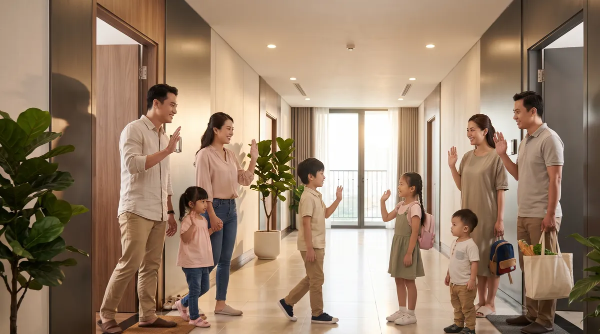 Ảnh minh họa sống chung cư Sun Trường Vinh, hai gia đình hàng xóm chào nhau ở hành lang