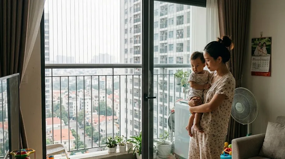 Ảnh minh họa mẹ bế con trong phòng khách căn hộ tầng cao Sun Trường Vinh, ban công có lưới an toàn
