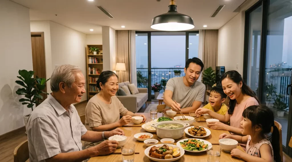 Ảnh minh họa gia đình ba thế hệ trong căn hộ, thiết kế tháp Harmony Sun Glory Residence