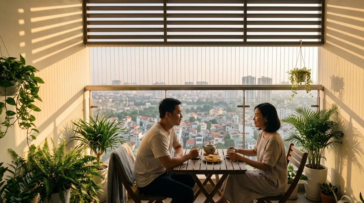 Ảnh minh họa lô gia có ô văng che nắng, thiết kế tòa Infinity Sun Glory Residence