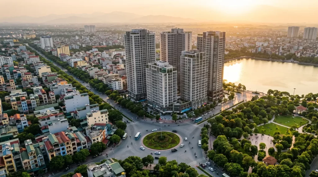 Ảnh minh họa vị trí Sun Trường Vinh cạnh vòng xoay lớn và hồ nước ở trung tâm thành phố